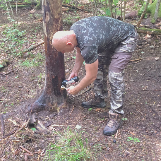 „Daugiau sakų“ tepamas ant medžio kamieno, šernai trinasi į nuteptą medį